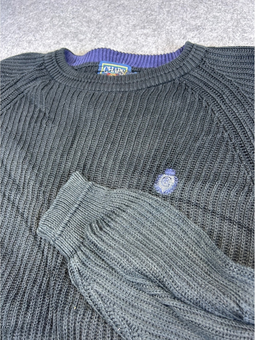 Vintage Chaps Ralph Lauren Mens L Black Crew Neck Cotton Sweater Ribbed Crest